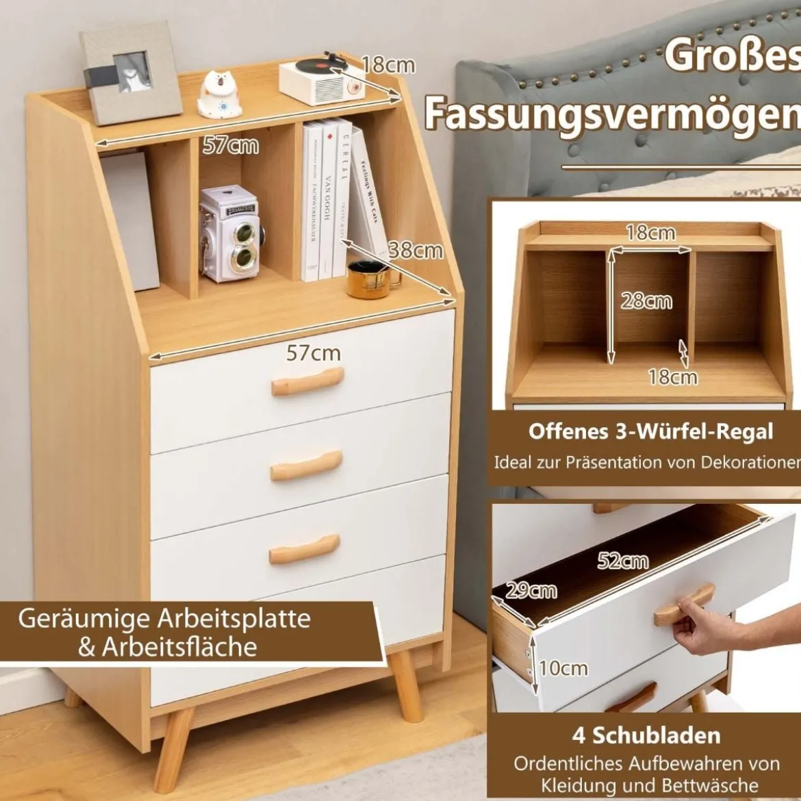 Sideboard Kommode mit 4 Schubladen 60 x 40 x 110 cm Natur