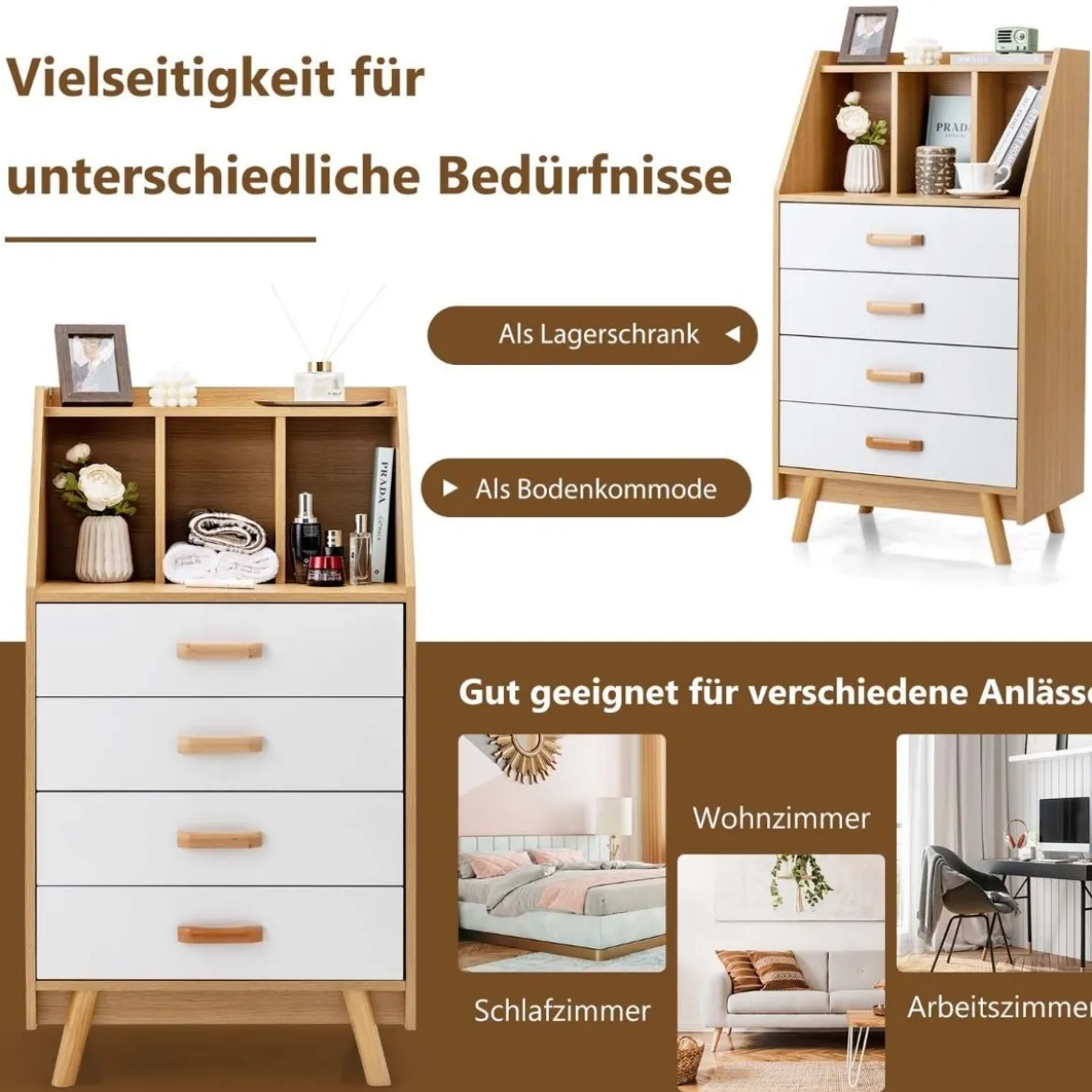 Sideboard Kommode mit 4 Schubladen 60 x 40 x 110 cm Natur