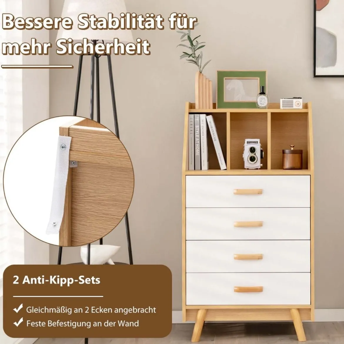 Sideboard Kommode mit 4 Schubladen 60 x 40 x 110 cm Natur