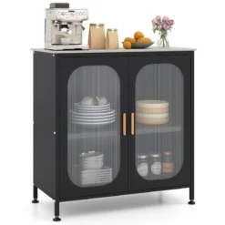 Sideboard Kommode mit Verstellbarer Ablage Buffetschrank mit Halbtransparenter Doppeltür Schwarz