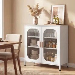 Sideboard Kommode mit Verstellbarer Ablage Buffetschrank mit Halbtransparenter Doppeltür Weiß