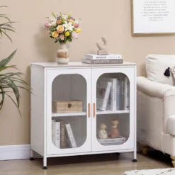 Sideboard Kommode mit Verstellbarer Ablage Buffetschrank mit Halbtransparenter Doppeltür Weiß