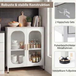 Sideboard Kommode mit Verstellbarer Ablage Buffetschrank mit Halbtransparenter Doppeltür Weiß