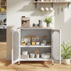 Sideboard Kommode mit Verstellbarer Ablage Buffetschrank mit Halbtransparenter Doppeltür Weiß
