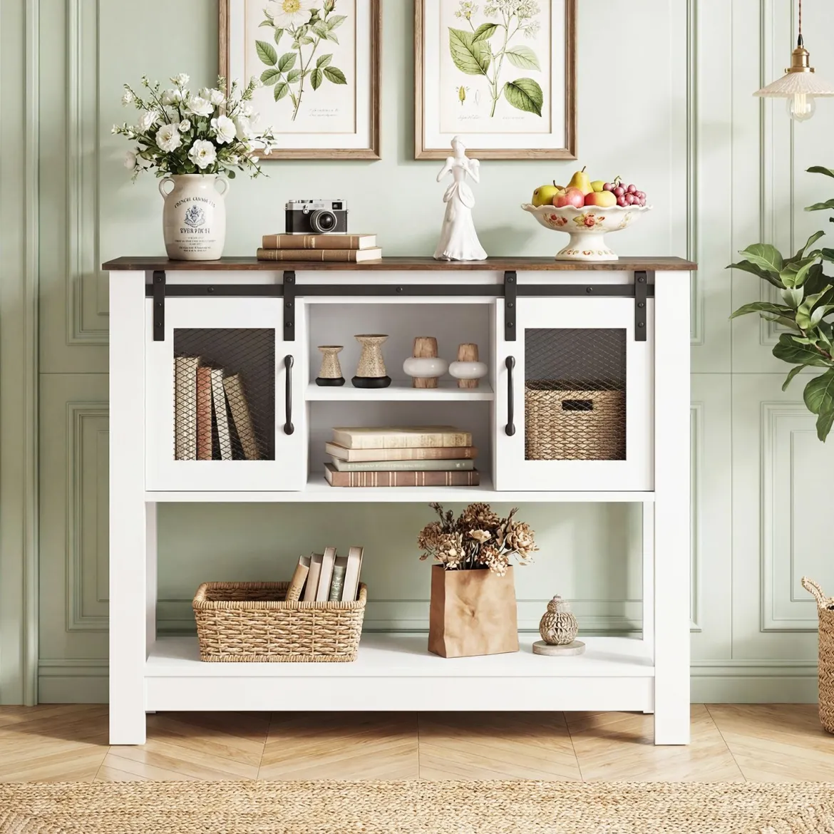 Sideboard mit Ablage & 2 Schiebetüren & 2 Offenen Fächern & Verstellbarem Regal Flurtisch