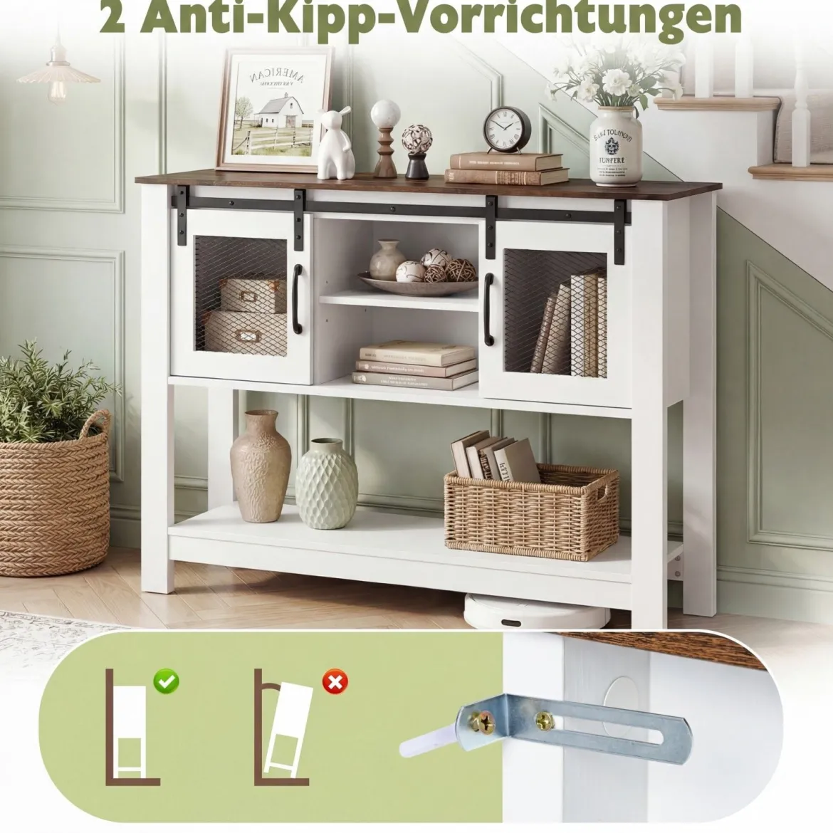 Sideboard mit Ablage & 2 Schiebetüren & 2 Offenen Fächern & Verstellbarem Regal Flurtisch