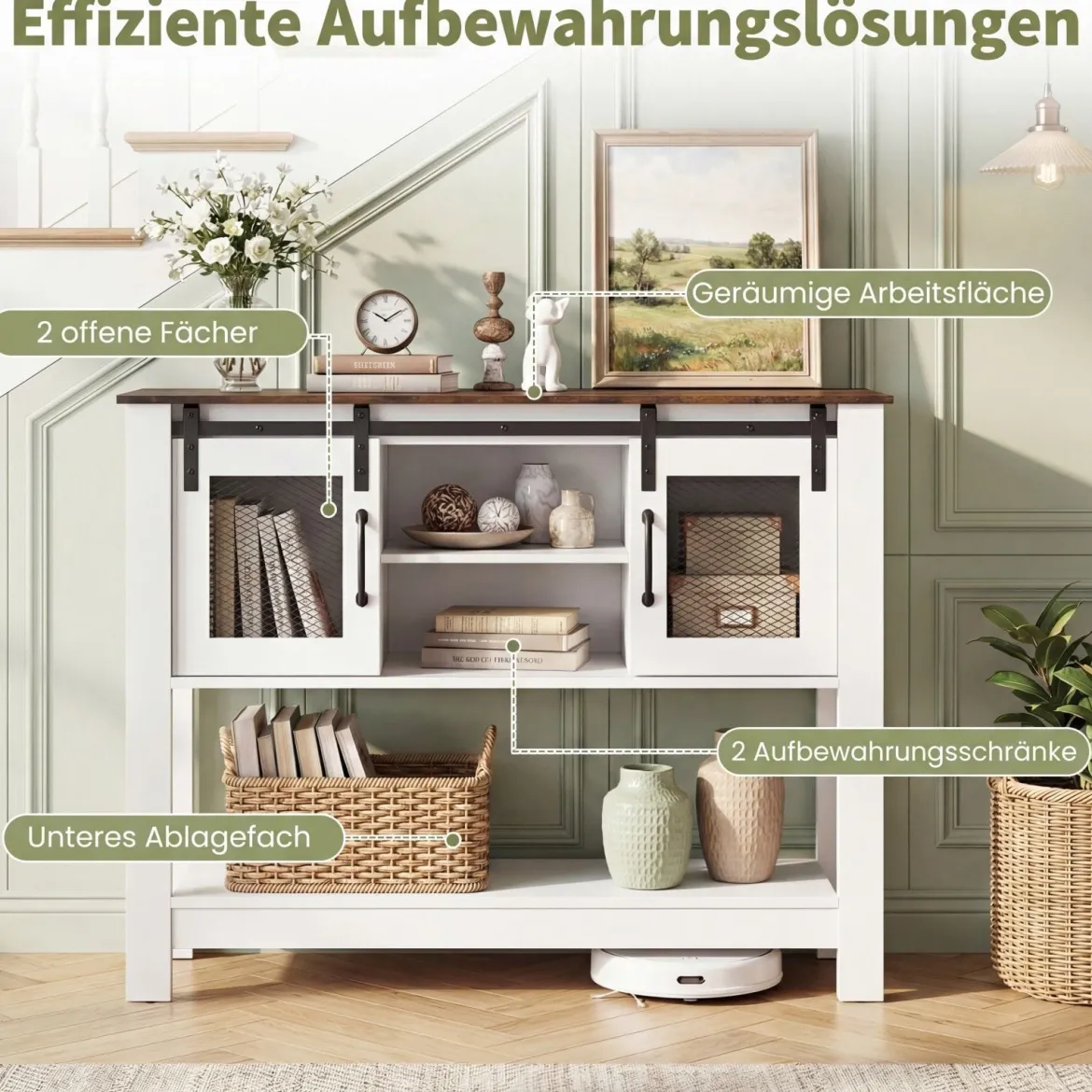 Sideboard mit Ablage & 2 Schiebetüren & 2 Offenen Fächern & Verstellbarem Regal Flurtisch