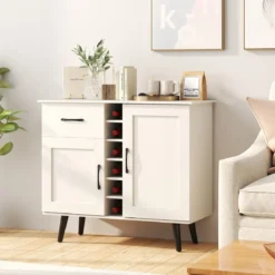Sideboard mit 6-Flaschen Weinregal & Schublade & 2 Türen Moderner Weinbar Schrank Weiß