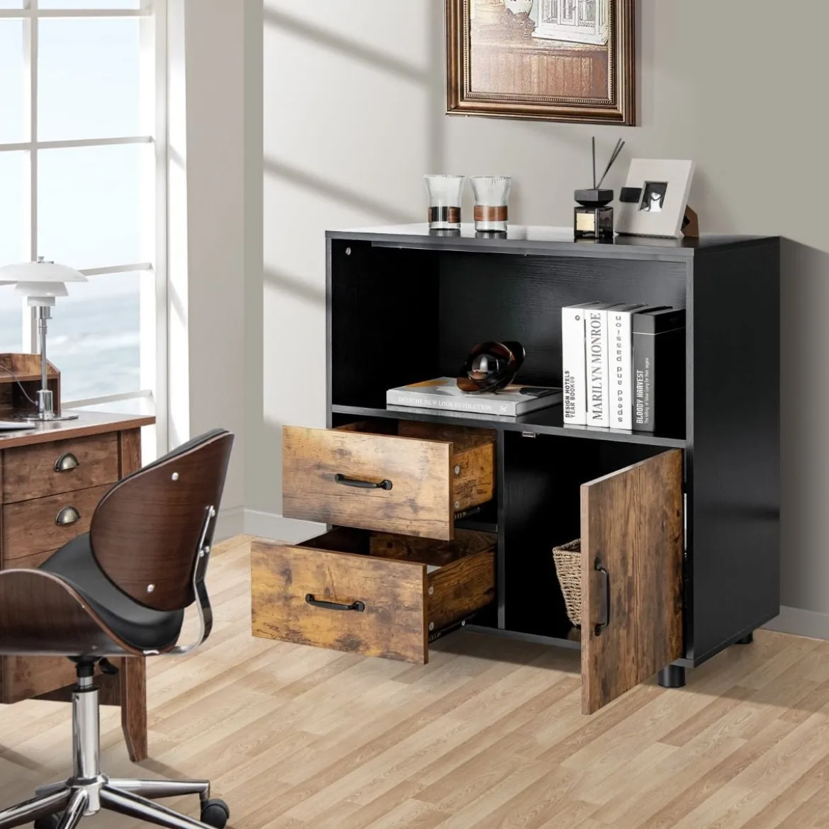 Sideboard mit offenem Fach & Tür & 2 Schubladen Kommode Akzentschrank Vintage 80 x 40 x 80,5 cm
