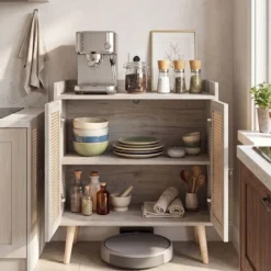 Sideboard mit Rattantüren Küchenschrank Holz mit Arbeitsplatte & Verstellbaren Ablagen 67 × 38 × 77 cm Natur