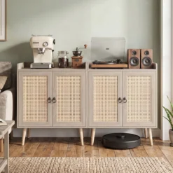 Sideboard mit Rattantüren Küchenschrank Holz mit Arbeitsplatte & Verstellbaren Ablagen 67 × 38 × 77 cm Braun