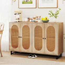 Sideboard mit 4 Rattantüren & Verstellbaren Regalen Küchenschrank Buffetschrank Natur