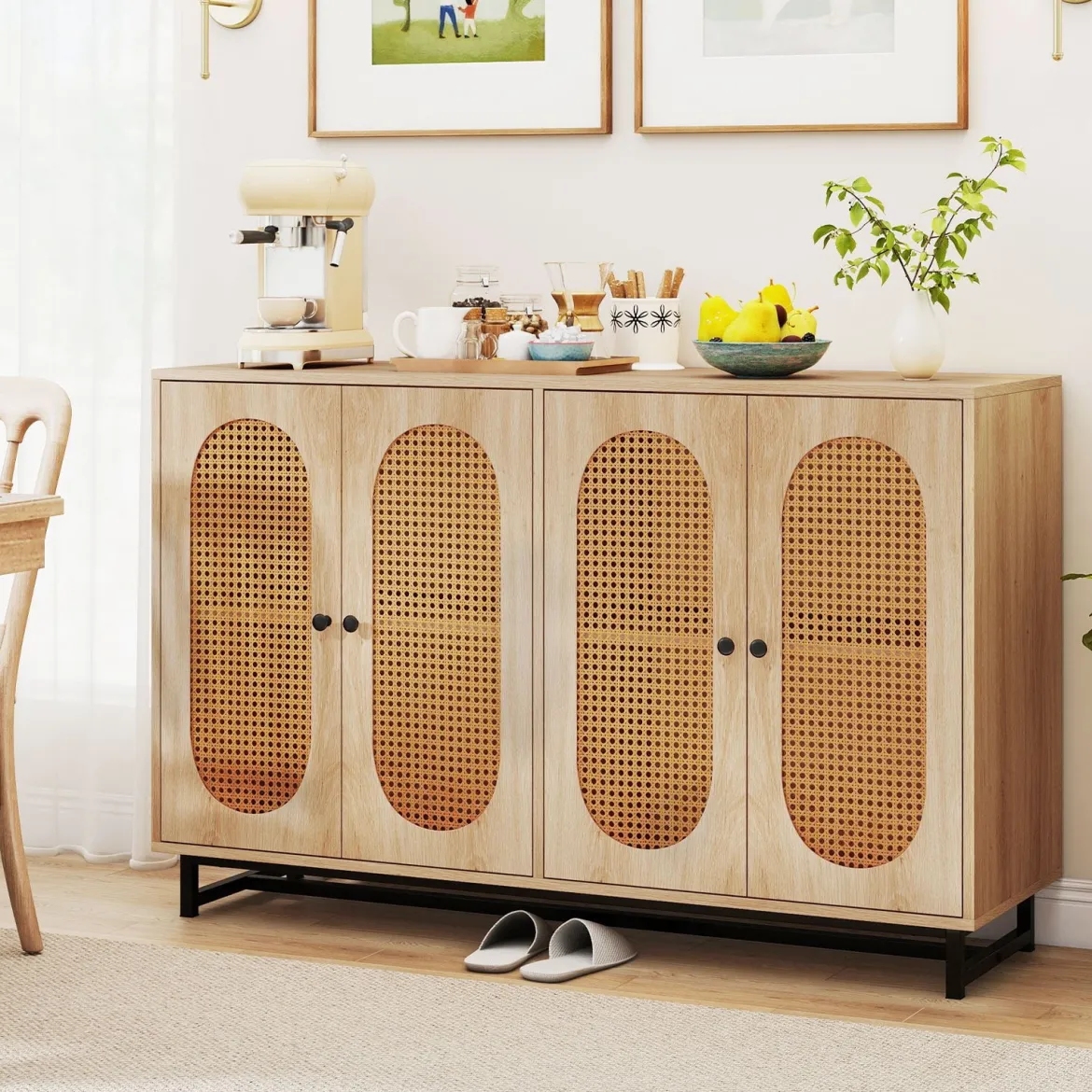 Sideboard mit 4 Rattantüren & Verstellbaren Regalen Küchenschrank Buffetschrank Natur