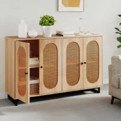 Sideboard mit 4 Rattantüren & Verstellbaren Regalen Küchenschrank Buffetschrank Natur