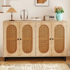 Sideboard mit 4 Rattantüren & Verstellbaren Regalen Küchenschrank Buffetschrank Natur