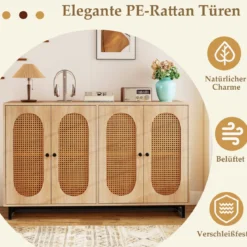 Sideboard mit 4 Rattantüren & Verstellbaren Regalen Küchenschrank Buffetschrank Natur