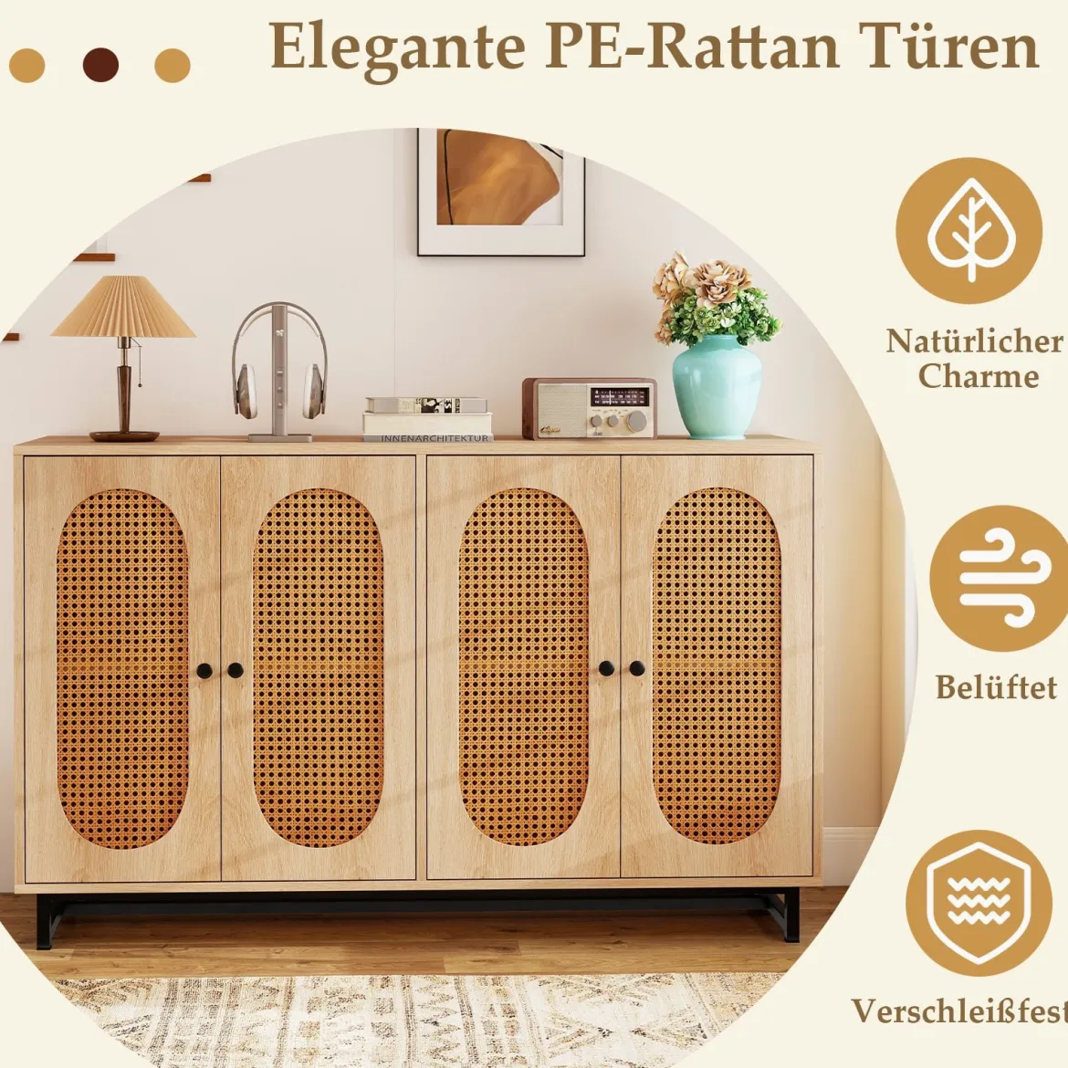 Sideboard mit 4 Rattantüren & Verstellbaren Regalen Küchenschrank Buffetschrank Natur