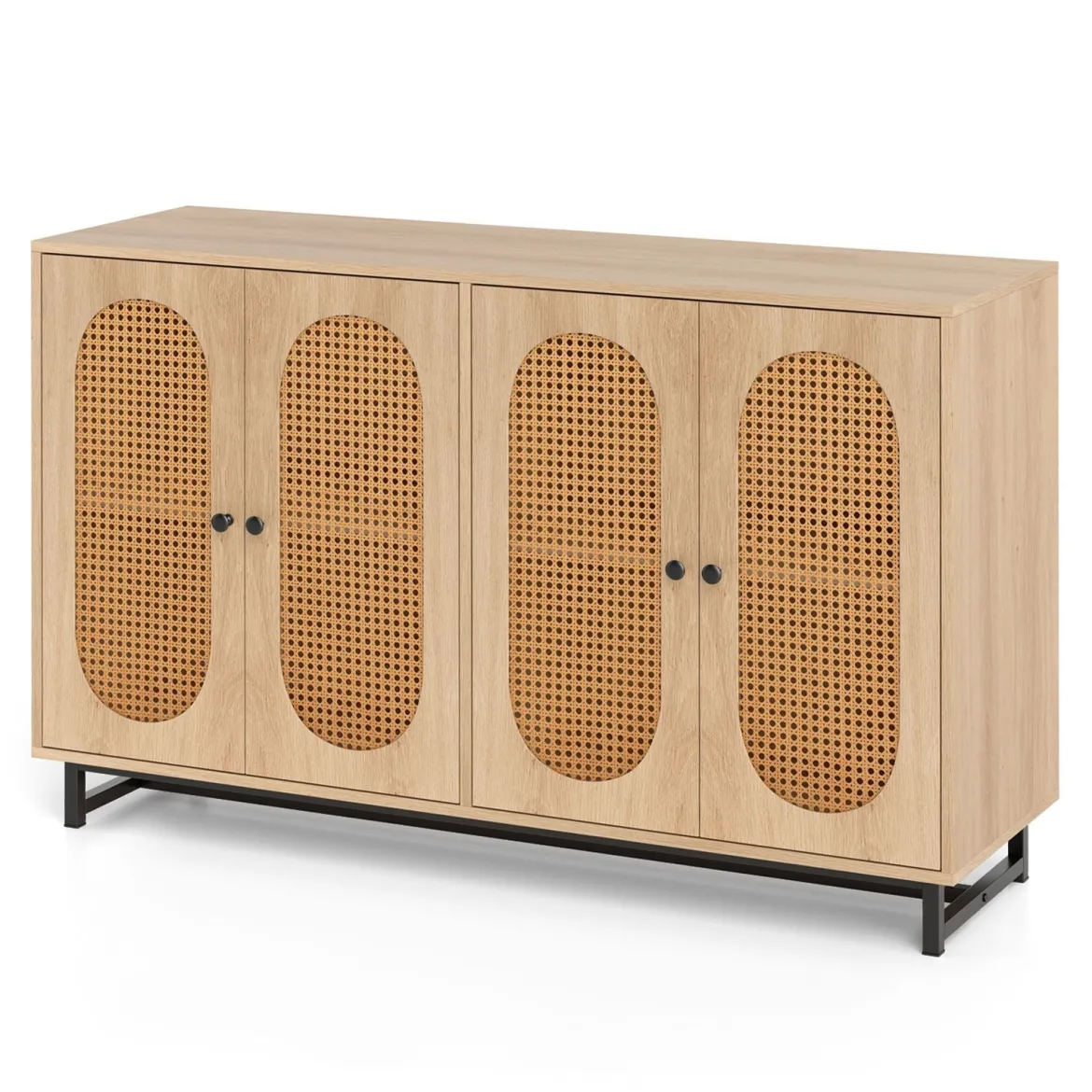 Sideboard mit 4 Rattantüren & Verstellbaren Regalen Küchenschrank Buffetschrank Natur