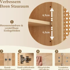 Sideboard mit 4 Rattantüren & Verstellbaren Regalen Küchenschrank Buffetschrank Natur