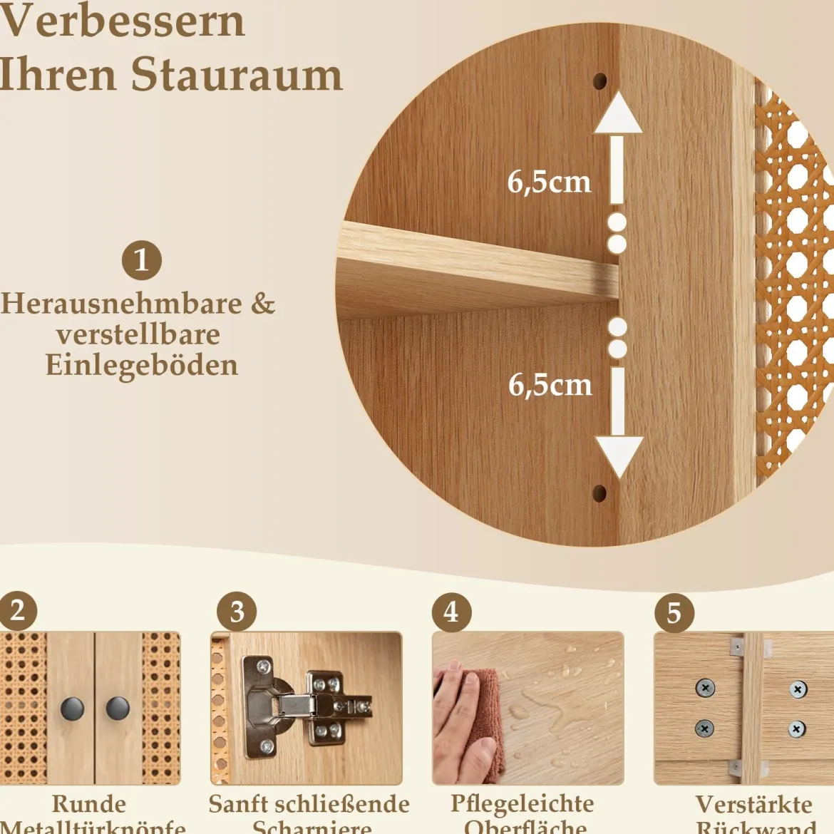 Sideboard mit 4 Rattantüren & Verstellbaren Regalen Küchenschrank Buffetschrank Natur