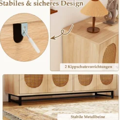 Sideboard mit 4 Rattantüren & Verstellbaren Regalen Küchenschrank Buffetschrank Natur