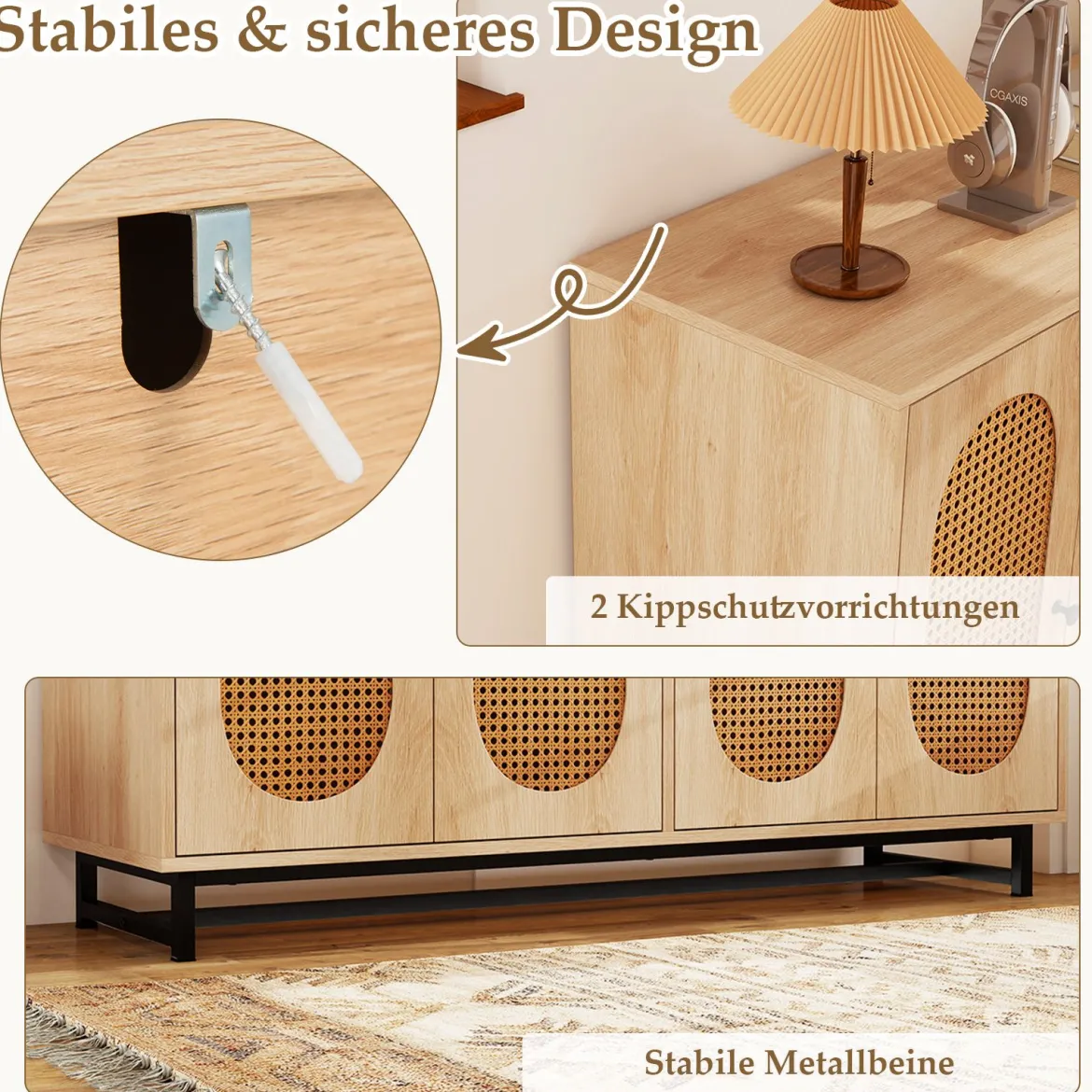 Sideboard mit 4 Rattantüren & Verstellbaren Regalen Küchenschrank Buffetschrank Natur