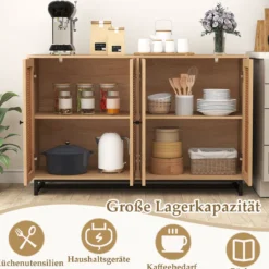 Sideboard mit 4 Rattantüren & Verstellbaren Regalen Küchenschrank Buffetschrank Natur