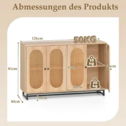 Sideboard mit 4 Rattantüren & Verstellbaren Regalen Küchenschrank Buffetschrank Natur