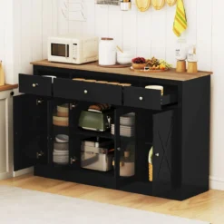 Sideboard mit 3 Schubladen & 2 Glastüren & Verstellbaren Regalen Küchenschrank Schwarz