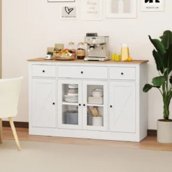 Sideboard mit 3 Schubladen & 2 Glastüren & Verstellbaren Regalen Küchenschrank Weiß