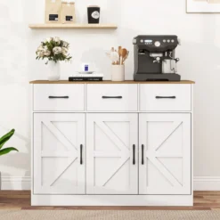 Sideboard mit 3 Schubladen & 3 Türen & Arbeitsplatte & Verstellbaren Regalen Küchenschrank Weiß