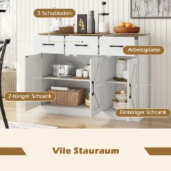Sideboard mit 3 Schubladen & 3 Türen & Arbeitsplatte & Verstellbaren Regalen Küchenschrank Weiß