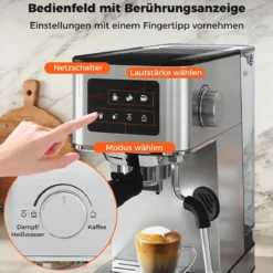 Siebträgermaschine mit Milchaufschäumer 20 Bar Espressomaschine mit Touchscreen & 17 L abnehmbarem Wassertank Silber