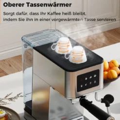 Siebträgermaschine mit Milchaufschäumer 20 Bar Espressomaschine mit Touchscreen & 17 L abnehmbarem Wassertank Silber
