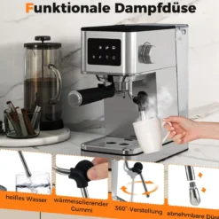 Siebträgermaschine mit Milchaufschäumer 20 Bar Espressomaschine mit Touchscreen & 17 L abnehmbarem Wassertank Silber