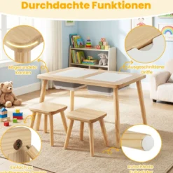 Sinnes- und Spieltisch mit 2 Hockern Kindertisch- und Stuhlset Aktivitätentisch für Kleinkinder ab 3 Jahren Natur