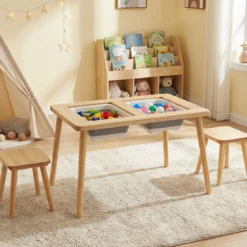 Sinnes- und Spieltisch mit 2 Hockern Kindertisch- und Stuhlset Aktivitätentisch für Kleinkinder ab 3 Jahren Natur