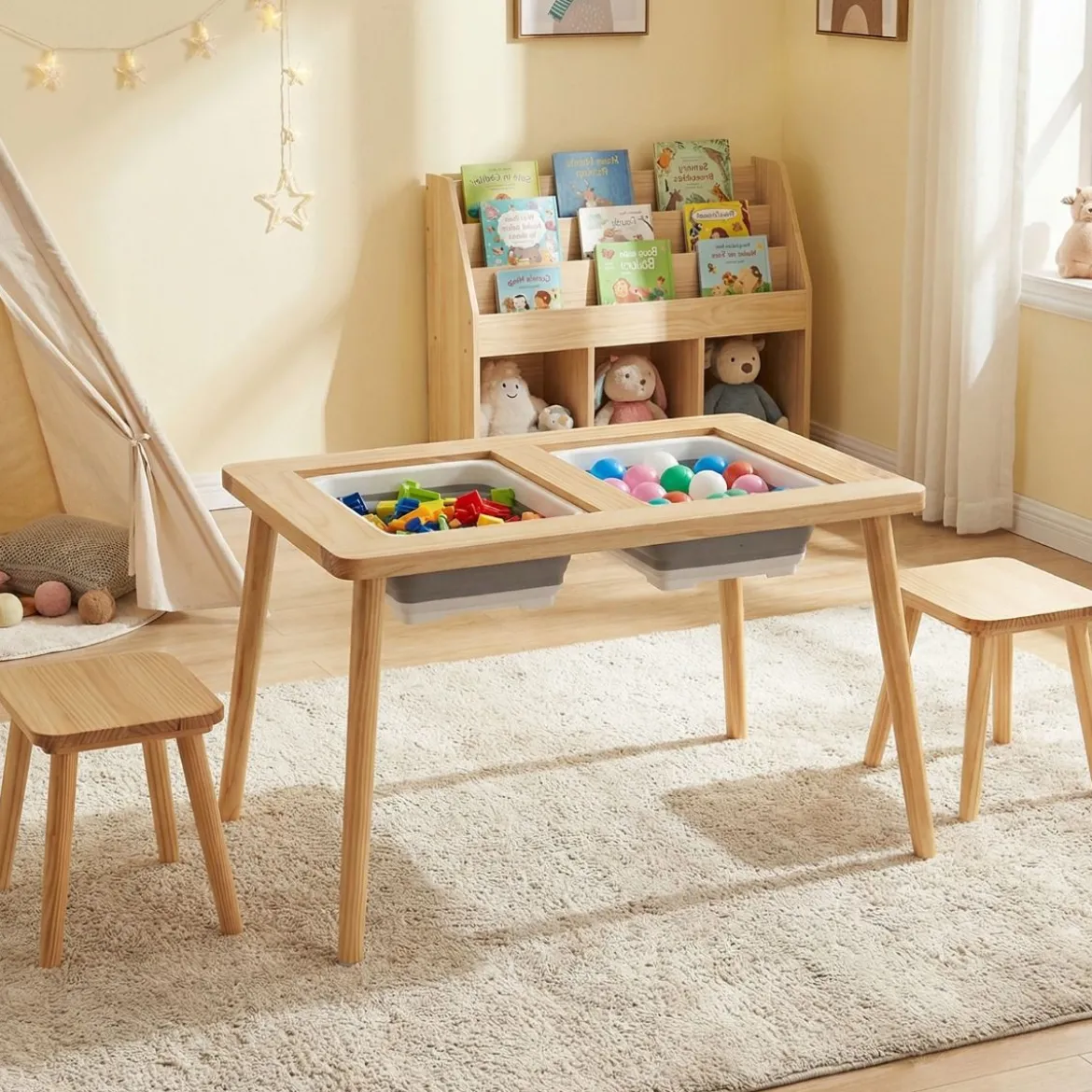 Sinnes- und Spieltisch mit 2 Hockern Kindertisch- und Stuhlset Aktivitätentisch für Kleinkinder ab 3 Jahren Natur