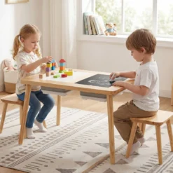 Sinnes- und Spieltisch mit 2 Hockern Kindertisch- und Stuhlset Aktivitätentisch für Kleinkinder ab 3 Jahren Natur
