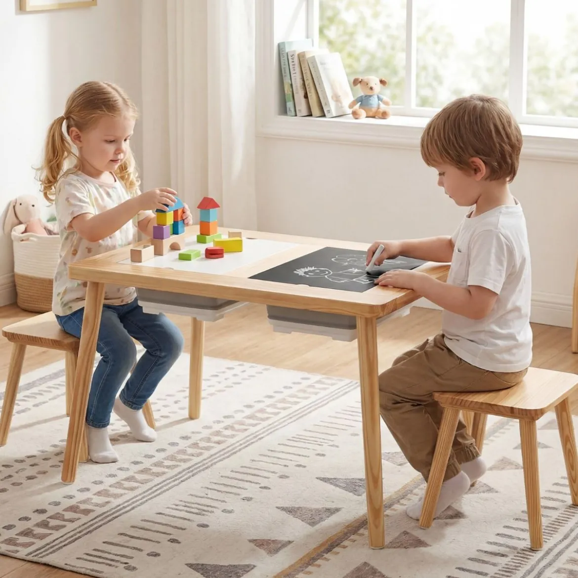 Sinnes- und Spieltisch mit 2 Hockern Kindertisch- und Stuhlset Aktivitätentisch für Kleinkinder ab 3 Jahren Natur