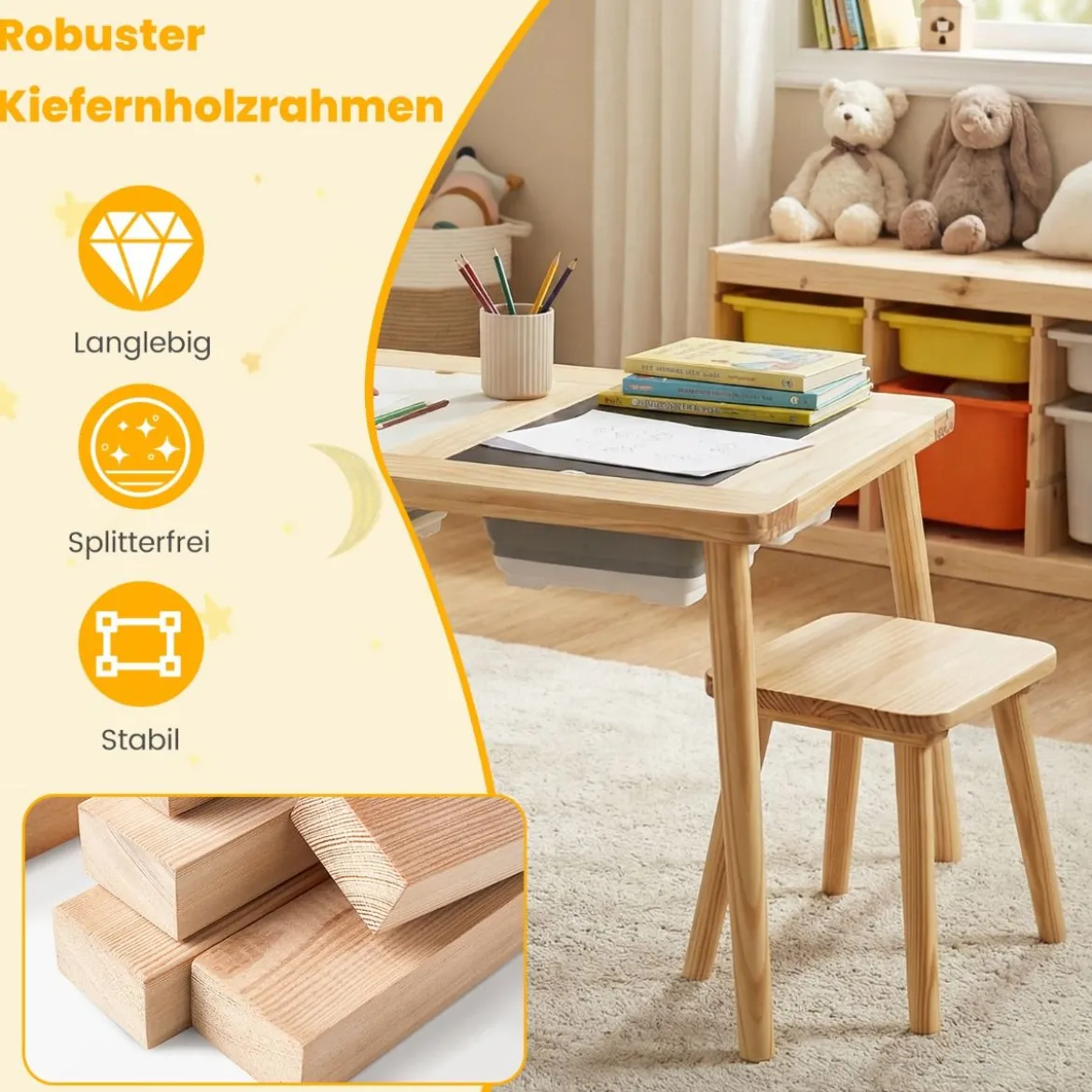 Sinnes- und Spieltisch mit 2 Hockern Kindertisch- und Stuhlset Aktivitätentisch für Kleinkinder ab 3 Jahren Natur