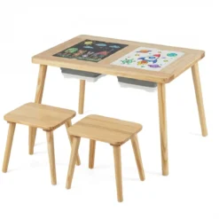 Sinnes- und Spieltisch mit 2 Hockern Kindertisch- und Stuhlset Aktivitätentisch für Kleinkinder ab 3 Jahren Natur