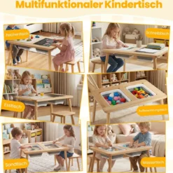 Sinnes- und Spieltisch mit 2 Hockern Kindertisch- und Stuhlset Aktivitätentisch für Kleinkinder ab 3 Jahren Natur