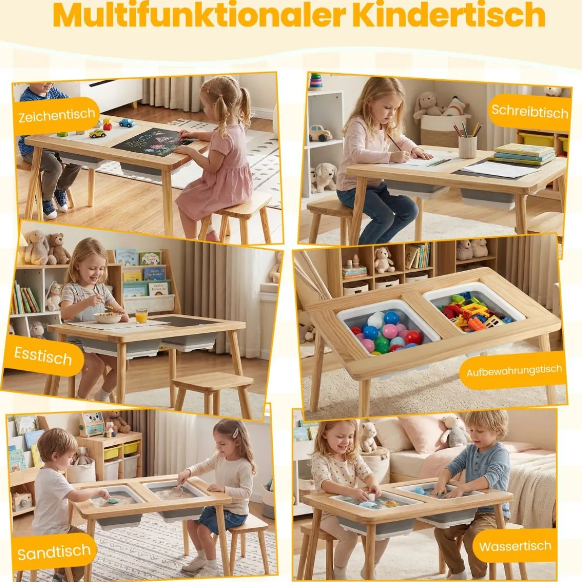 Sinnes- und Spieltisch mit 2 Hockern Kindertisch- und Stuhlset Aktivitätentisch für Kleinkinder ab 3 Jahren Natur