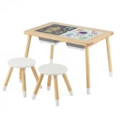 Sinnes- und Spieltisch mit 2 Hockern Kindertisch- und Stuhlset mit abnehmbaren doppelseitigen Tischplatten Natur