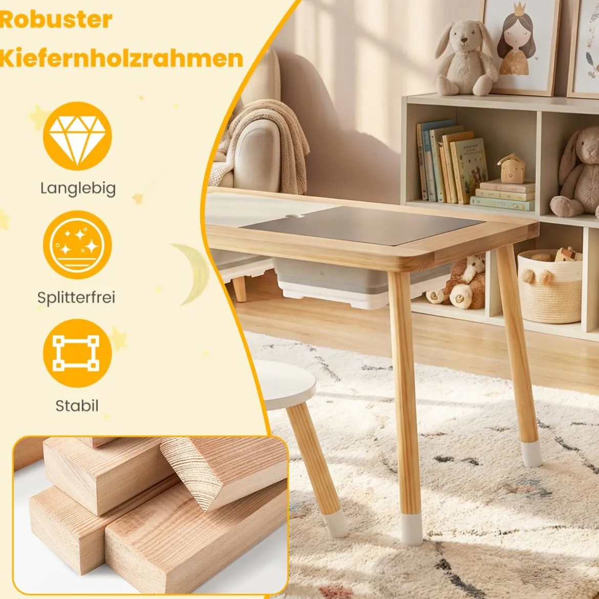 Sinnes- und Spieltisch mit 2 Hockern Kindertisch- und Stuhlset mit abnehmbaren doppelseitigen Tischplatten Natur