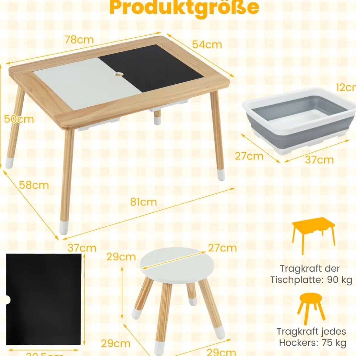 Sinnes- und Spieltisch mit 2 Hockern Kindertisch- und Stuhlset mit abnehmbaren doppelseitigen Tischplatten Natur