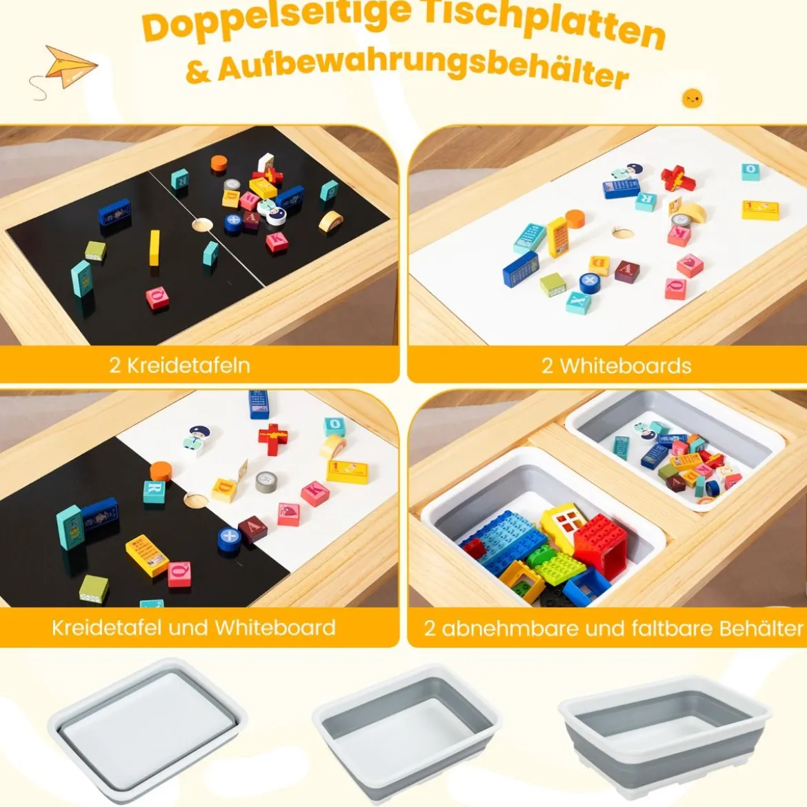 Sinnes- und Spieltisch mit 2 Hockern Kindertisch- und Stuhlset mit abnehmbaren doppelseitigen Tischplatten Natur