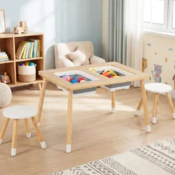 Sinnes- und Spieltisch mit 2 Hockern Kindertisch- und Stuhlset mit abnehmbaren doppelseitigen Tischplatten Natur