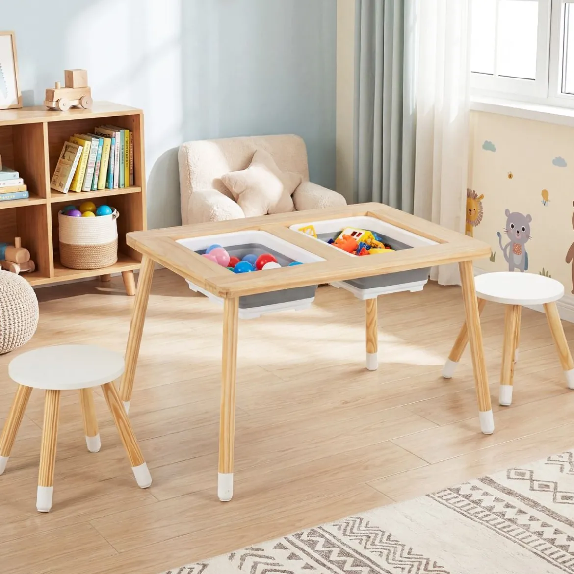 Sinnes- und Spieltisch mit 2 Hockern Kindertisch- und Stuhlset mit abnehmbaren doppelseitigen Tischplatten Natur